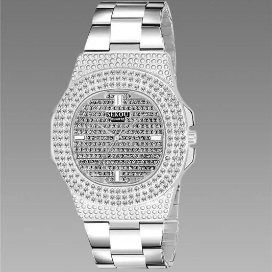 Golden Stone Studded Diamond Wrist Watch For Boys & Men